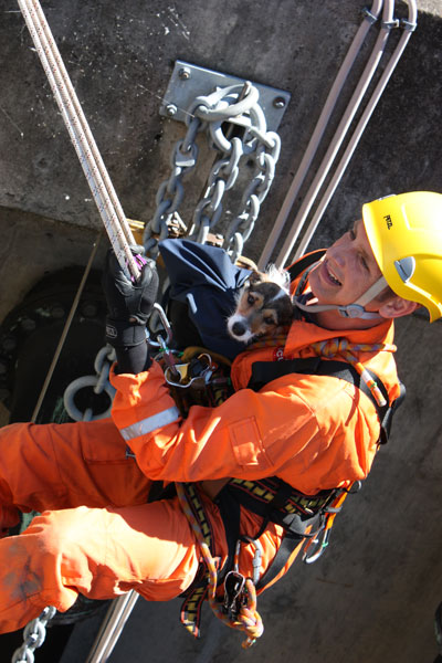 Vera being rescued by a member of Staffordshire Fire and Rescue